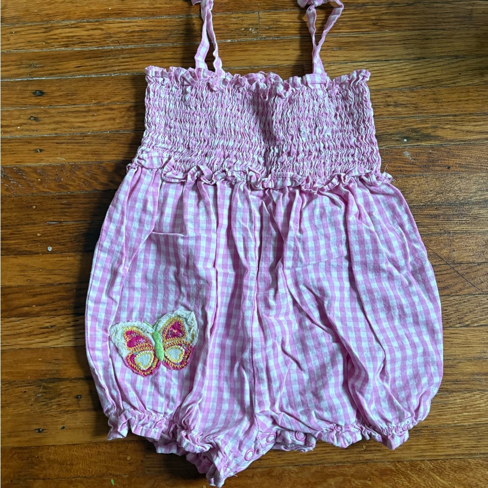 VTG The Children's Place Pink Gingham Smocked Butterfly Romper